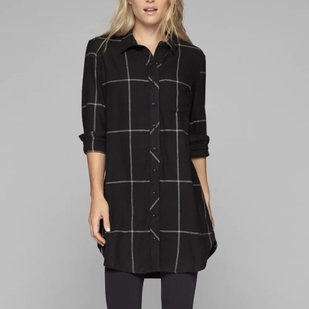 Athleta‎ Trail To Town Shirt Dress Black Plaid Flannel Button Front Womens XS
